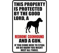 Tin Sign - Metal This Property Is Protected By The Good Lord Redbone Coonhound Aluminum Warning Home Coffee Bar Wall Indoor Outdoor 8"x12"