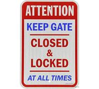 Tin Sign Metal Warning reminder Keep Gate Closed & Locked At All Times Blue Red On White Garage Home Yard for Outdoor & Indoor Workplace Supplies 8"x12"