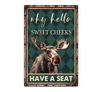 Tin Sign Moose Deer Hello Sweet Cheeks Have A Seat Vintage Metal Sign for Home Kitchen Bathroom Bar Wall Art Decor 8x12inch