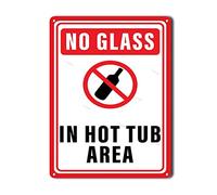 Tin Sign No Glass in Hot Tub Area Red Black Print Pool Rules Poster Swimming Outdoor Caution Notice Sign Metal for Home Washroom Bathroom Decoration 12x16inch