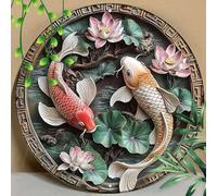 Tin Sign Painting Funny Metal Decor Sign Two Koi Carp Swimming In The Pond For Indoor Outdoor Wall Decor, Livingroom Wall Art 8X8 inch Tin Painting