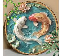 Tin Sign Painting Funny Metal Decor Sign Two Koi Carp Swimming In The Pond For Indoor Outdoor Wall Decor, Home Decor 8X8 inch Tin Painting