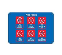 Tin Sign Pool Rule No Yelling Peeing Diving Swimming Alone Glassware 12" X 8"