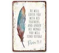 Tin Sign Psalm 91 Metal He Will Cover You with His Feathers and Under His Wings You Will Find Refuge Scripture Wall Art Bible Verse Decorations for Bedroom Metal 8x12 Inch