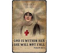 Tin Sign Retro Style God Is With Her She Will Not Fall Nurse Decoration Iron Painting Metal Decorative Wall Art 8x12 Inch
