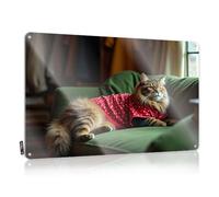 Tin Sign Room Decorations Aesthetic Yard Old-fashioned Soft Bath A Fluffy Cat In A Red Polka-dot Dress Lounges On A Green Couch - Easy To Hang Art(20X30CM)