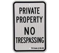 Tin Sign Texas Private Property No Trespassing Black On White 12" X 8"