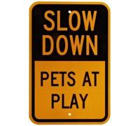 Tin Sign Warning Caution Fluorescent Diamond Grade Legend Slow Down Pets At Play Black On Yellow 8 X 12 Inch
