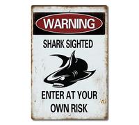 Tin Sign Warning Shark Sighted Enter at Your Own Risk with Graphic Dangerous Aluminum Metal Sign 12 x 8 Inches