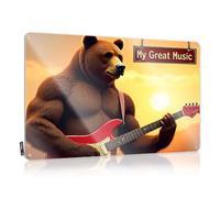 Tin Sign With Spooky Decor Folded Edge - Funny Warning Metal Wall-mounted Cowboy Chic Wall | Vintage Hot Air Balloon Picture & A Muscular Bear Plays Red Electric Guitar Against