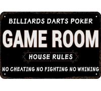 Tin Signs Vintage Billiards Darts Poker Game Room House Rules No Cheating No Fighting No Whining Art Wall Decorations for Home Man Cave Bedroom Bar Bathroom 12x8 inch