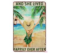 Tin Signs Vintage Kitchen Wine Beach and She Lived Happily Ever After Vintage Poster Loved Wine and Beach Poster Wine Beach Summer Poster Rustic Aluminum Tin Signs Wall Art Metal Poster 12x8 inch