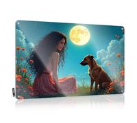 Tin Signs Warning A Woman In A Floral Dress Sits Beside Her Dog Under A Full Moon Tin Sign Bar Accessories Man Cave Things For Boys Room(30X40CM)
