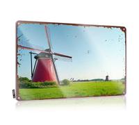 Tin Wall Decor House Stuff Vintage Style | Red Windmills In A Lush Green Field Under A Clear Blue Sky Beautiful Accessories Home Decor(30X40CM)