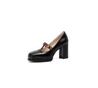TinaCus Genuine Leather Square Toe Handmade T-Strap Chain High Block Heels Women's Stylish Pumps Shoes, Black, 3 UK