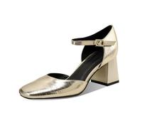 TinaCus Genuine Leather Women's Square Toe Handmade Ankle Strap Buckle Mid Chunky Heels Pumps Shoes, Gold, 8 UK
