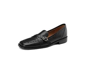 TinaCus Handmade Women's Genuine Leather Retro Decor Cross Band Square Toe Slip On Flats Loafers Shoes, Black, 4 UK