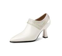 TinaCus Pointed Toe Women's Patent Leather Glitter Tassel Handmade Spool Heel Side Zip Pumps, White, 5.5
