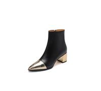 TinaCus Women's Pointed Toe Two-toned Genuine Leather Handamde Mid Chunky Heels Side Zip Up Ankle Boots, Gold, 10 UK
