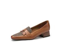 TinaCus Women's Round Toe Genuine Leather & Stripe Fabric Handmade Bowknot Low Chunky Heels Loafers Shoes, Brown, 7 UK