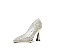 TinaCus Women's Sexy Pointed Toe Glittering Leather Handmade Slip On High Spool Heel Platform Pumps Shoes, Gold, 4.5 UK