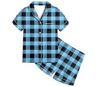Tinarying Boys Girls Plaid Pyjama Sets Short Pyjamas Set Cotton Checked V-Neck Long Sleeve Shirt with Button Placket and Pyjama Bottoms Short Sleepwear Leisure Suit Pjs Set Sky Blue