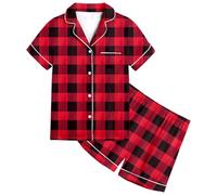 Tinarying Boys Girls Plaid Pyjama Sets Short Pyjamas Set Cotton Checked V-Neck Long Sleeve Shirt with Button Placket and Pyjama Bottoms Short Sleepwear Leisure Suit Pjs Set Red