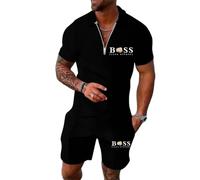 Tinarying Men's Tracksuit Polo Shirt & Shorts 2 Pieces Boss Flexx Apparel Men's 2-Piece Activewear Short Sleeve Polo Shirt and Shorts Set Casual Sportswear Zip-Up Top with Pocketed Pants (Black, S)