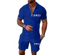 Tinarying Men's Tracksuit Polo Shirt & Shorts 2 Pieces Boss Flexx Apparel Men's 2-Piece Activewear Short Sleeve Polo Shirt and Shorts Set Casual Sportswear Zip-Up Top with Pocketed Pants (Blue, S)