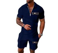 Tinarying Men's Tracksuit Polo Shirt & Shorts 2 Pieces Boss Flexx Apparel Men's 2-Piece Activewear Short Sleeve Polo Shirt and Shorts Set Casual Sportswear Zip-Up Top with Pocketed Pants (Navy-1, S)
