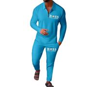 Tinarying Men's Tracksuit Polo Shirt & Trousers 2 Pieces Boss Flexx Apparel Men's 2-Piece Activewear Quarter-Zip Long Sleeve Top and Joggers Set Casual Sportswear (S, Light Blue)