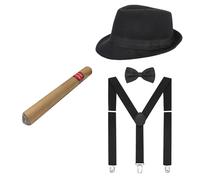 TINAYAUE 1920s Mens Costume Accessories Set Retro Roaring 20s Costumes Great Gatsby Gangster Cosplay Halloween Outfit Hat Bow Tie Suspender Fake Cigar Fancy Dress Party Props (Set 1 (Black))