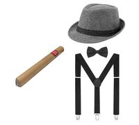 TINAYAUE 1920s Mens Costume Accessories Set Retro Roaring 20s Costumes Great Gatsby Gangster Cosplay Halloween Outfit Hat Bow Tie Suspender Fake Cigar Fancy Dress Party Props (Set 1 (Grey))