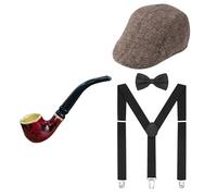 TINAYAUE 1920s Mens Costume Accessories Set Retro Roaring 20s Costumes Great Gatsby Gangster Cosplay Halloween Outfit Hat Bow Tie Suspender Fake Cigar Fancy Dress Party Props (Set 2 (Brown))