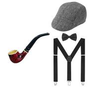 TINAYAUE 1920s Mens Costume Accessories Set Retro Roaring 20s Costumes Great Gatsby Gangster Cosplay Halloween Outfit Hat Bow Tie Suspender Fake Cigar Fancy Dress Party Props (Set 2 (Grey))