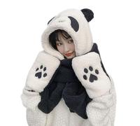 TINAYAUE 3 in 1 Hat Scarf and Gloves Set - Cute Panda Winter Warm Thick Plush Hooded Hat With Pocket Mittens - Windproof Beanie Neck Warmer for Women Girls - Fluffy Cosplay Headwear