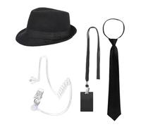 TINAYAUE 4PCS Agent Costume Accessories Set Secret Security Guard Outfit Black Spy Costume Hat Necktie Fake Earpiece ID Badge for Adults Halloween Fancy Dress Party Props Cosplay Games Gear (Set 2)