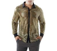 TINAYAUE 70s Disco Outfit Shiny Men's Performance Shirt Long Sleeve Sequins Tops 70s 80s Fancy Dress Shirt Retro Party Dance Top Button Down Shirts Sparkly Nightclub Work Uniform Xmas Ball Costumes