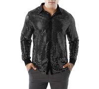 TINAYAUE 70s Disco Outfit Shiny Men's Performance Shirt Long Sleeve Sequins Tops 70s 80s Fancy Dress Shirt Retro Party Dance Top Button Down Shirts Sparkly Nightclub Work Uniform Xmas Ball Costumes