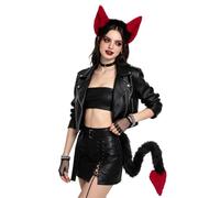 TINAYAUE Adult Devil Costume Set Plush Devil Cat Ears Headband Tail Set Gothic Demons Headband with Tail Role Play Accessories for Halloween Cosplay Carnival