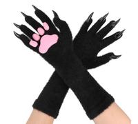 TINAYAUE Cute Cat Paw Gloves 3D Paws Pad Furry Cat Claw Long Gloves Knitted Full Finger Kawaii Kitten Cosplay Accessories for Women Lolita Girls Halloween Costume (Black, One Size)