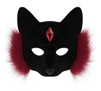 TINAYAUE Cute Fox Mask Half Face Cat Mask with Furry Hem and Red Gem Faux Fur Animal Cosplay Masquerade Halloween Christmas Mardi Gras Fancy Dress Party Costume Props for Women Girls (Red-Black)