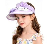 TINAYAUE Cute Kids Sun Visor Fan Hat Adjustable 3 Wind Speed UPF 50+ Large Brim Open Top Sunhat Portable Indoor Outdoor Travel Beach Cap for Boys Girls (UK, Alpha, One Size, Purple Rabbit)