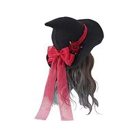 TINAYAUE Dark Novel Gothic Black Knitted Witch Hat with Rose Flower Bowknot for Women Girls Wide Brim Pointed Modern Wizard Cap Halloween Cosplay Carnival Fancy Dress Party Christmas Costume Headgear