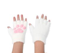 TINAYAUE Fingerless Cat Paw Gloves Cute Mittens knitted Winter Warm Cycling Writing Typing Half Finger Gloves Hand Warmer Halloween Xmas Gift for Women Lolita Girls (White, One Size)