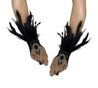 TINAYAUE Halloween Lace Fingerless Gloves with Feather Gothic Finger Rings Bracelets Retro Wrist Gloves Black Rhinestone Punk Hand Chain for Women Girls Evening Party Wedding Christmas Gift