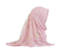 TINAYAUE Little Girl Muslim Hijab Islamic Headscarf Full Cover Turban 1 Piece Prayer Head Scarf with Stitching Floral Lace Mesh Anti-UV Arab Hijab Head Wear for 2-6 Years Old