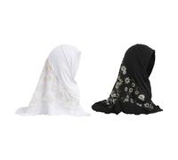 TINAYAUE Little Girl Muslim Hijab Islamic Headscarf Full Cover Turban 1 Piece Prayer Head Scarf with Stitching Floral Lace Mesh Anti-UV Arab Hijab Head Wear for 2-6 Years Old (Black+White)