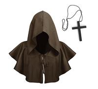 TINAYAUE Medieval COS Costumes Halloween Grim Reaper Cloak Hood Cape with Cross Necklace Crusader Knight Fancy Dress Cloak Pagan Friar Priest Short Shawl for Adults Witch Wizard Death Cosplay Outfit