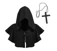 TINAYAUE Medieval COS Costumes Halloween Grim Reaper Cloak Hood Cape with Cross Necklace Crusader Knight Fancy Dress Cloak Pagan Friar Priest Short Shawl for Adults Witch Wizard Death Cosplay Outfit